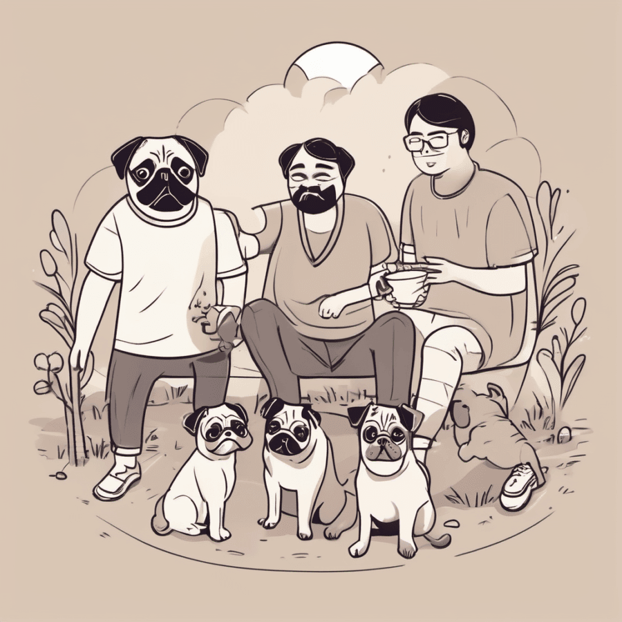 family playing with pugs