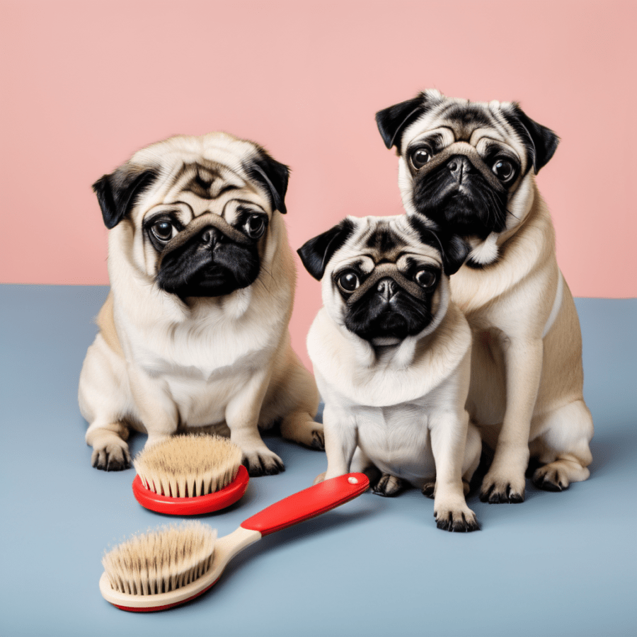 Pugs grooming with hair brush 