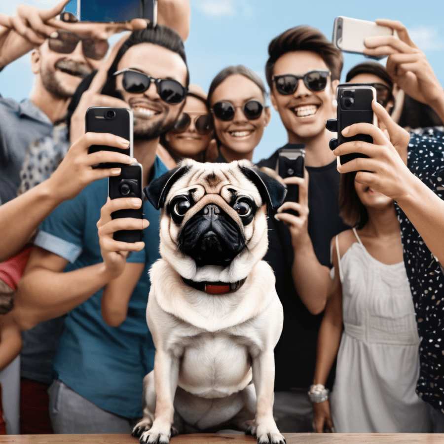 celebrity pug being photographed