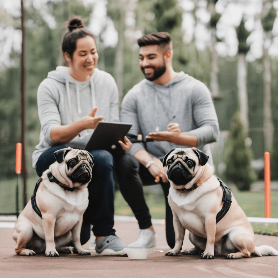 Couple training pugs