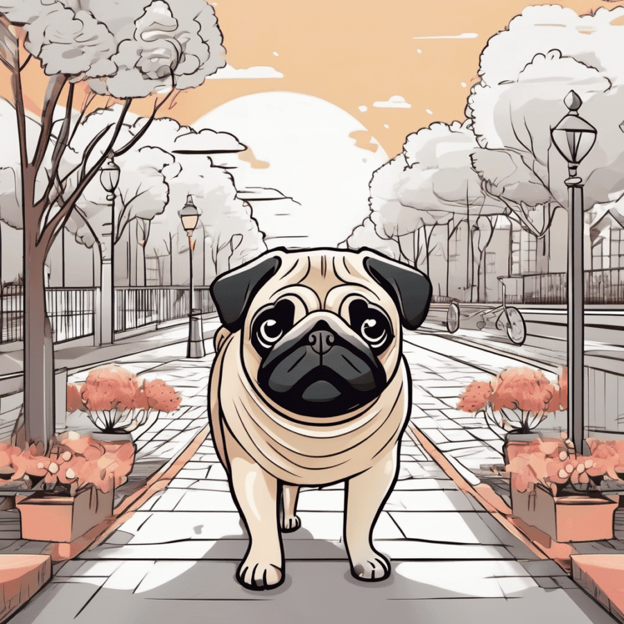 Cartoon Pug walking through the park in the city