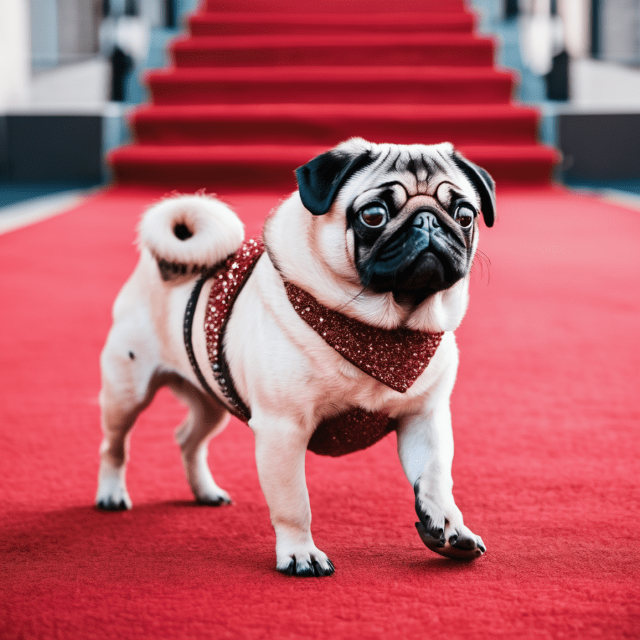 pug walking on red carpet