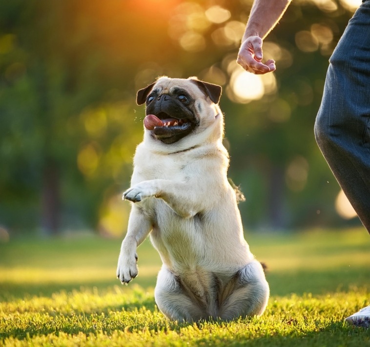 A Pug training with Master