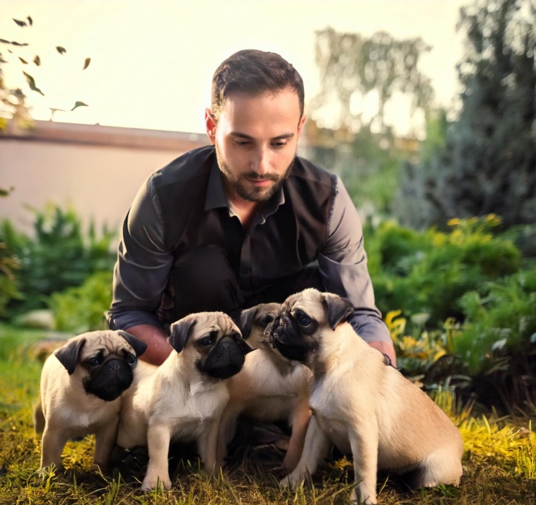 A master care his pug puppies